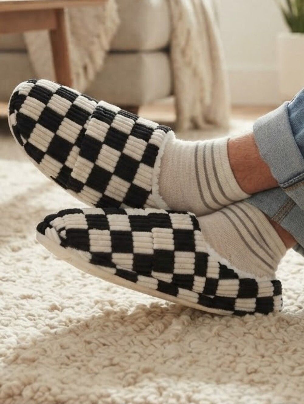Black White Checkerboard Corduroy Plush Slippers Faux Fur Cozy House Shoes